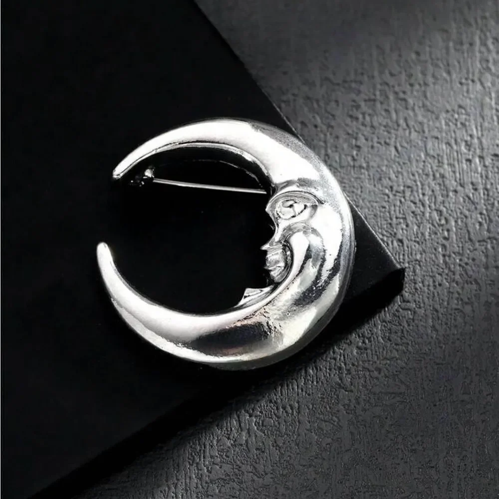 Gothic Vintage inspired Moon Brooch Silver Tone engraved face detailing